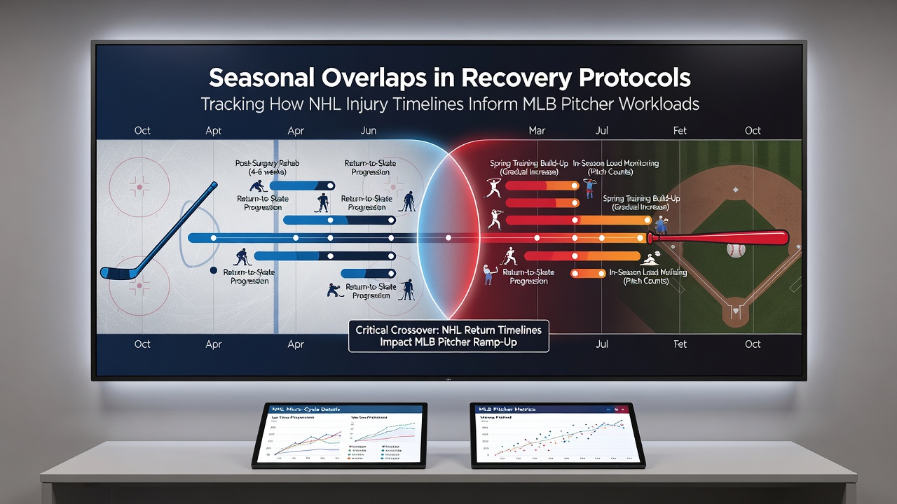 Sports science teams analyzing cross-league recovery metrics on shared digital dashboards